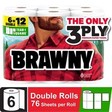 3-Ply Paper Towels 6 Double Rolls Tear-a-Square Design for Home Kitchen Cleaning