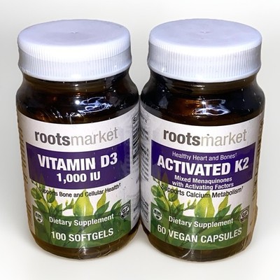 Roots Market ~ Vitamin D3 1000 IU 100 Softgels + Activated K2 60 Vegan Capsules