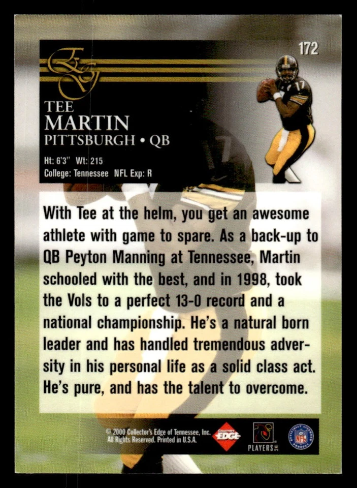 2000 Collector's Edge EG #172 Tee Martin Card Pittsburgh Steelers - Image 2 of 2