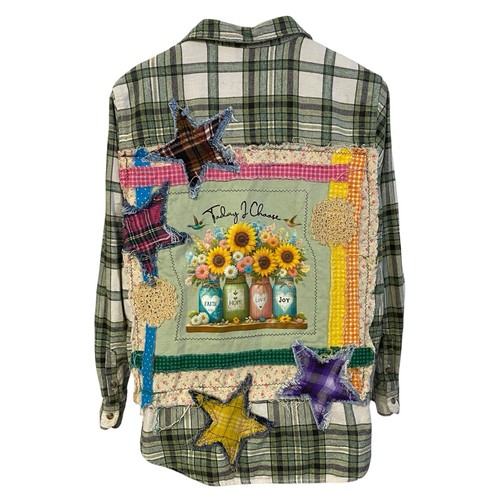 Flannel Shirt Shacket Womens XL Christian Grunge Patchwork Folk Art Upcycled - Picture 4 of 14