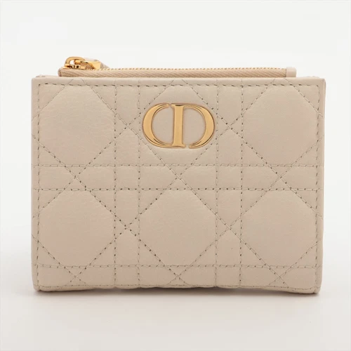 Portefeuille Dior Caro Dahlia cannage cuir de veau logo cuir ivoire poussiéreux