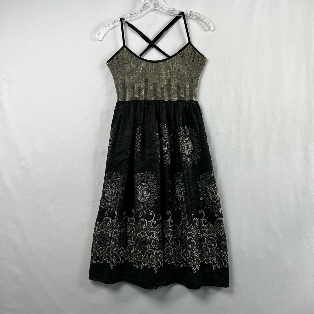 max studio dress black Womens Large Floral Embroidery Smocked Crisscross Maxi dress