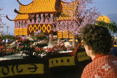 Kodak Slide 1950s Red Border Kodachrome Woman Looks at Asian Theme Parade Float