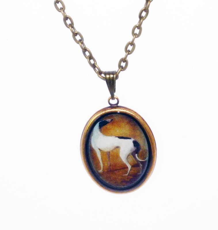 Altered Art Black + White Greyhound Dog Pend Necklace Antique Brass Oval Setting