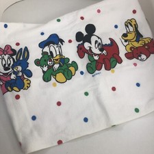 Vtg Disney Flannel Receiving Blanket Mickey Minnie Mouse Donald Pluto polka dots