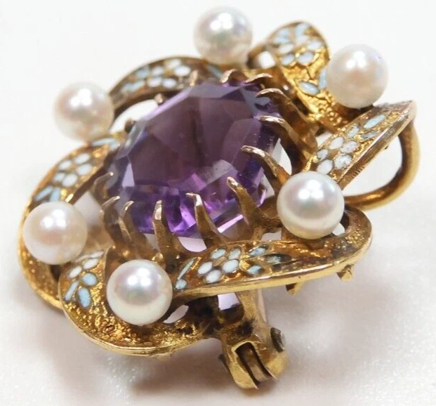 Antiguo pasador de amatista Art Deco 18KY esmalte perla con gancho para colgar 0,78 x 0,76" 3,3 Gm Foto 3 de 4