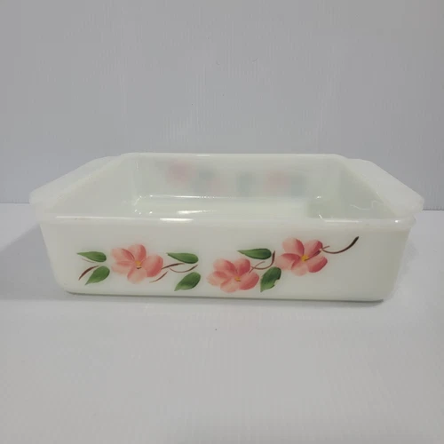 VTG MCM 1950s Anchor Hocking Fire King Peach Blossom Square Baking Dish Made USA