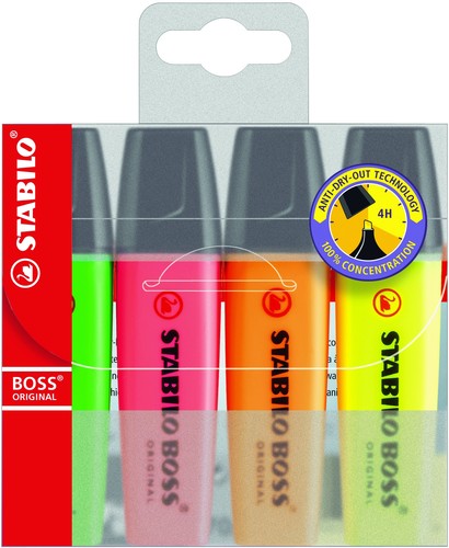 Stabilo Boss Original Highlighter Pens Markers Wallet of 4 Assorted Colours