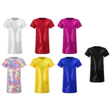 Kids Girls Dancewear Christmas Hip Hop Round Neck Dress Shiny Modern Musical