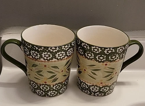 Temp-Tations By Tara Old World Green Coffee Cups/Mugs 10 Oz Set Of 2