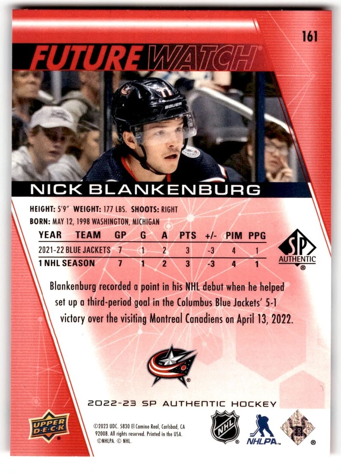 2022-23 SP Authentic Red Future Watch Nick Blankenburg Rookie #161 Columbus Blue - Image 2 of 2