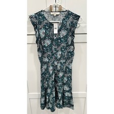 LOFT Floral Print Dress Ruffle Sleeves Button Front Green Size 0