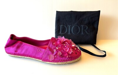 Dior Dark Hot Pink Espadrille Flats W/ Floral Beading, Size 8.5 US 39.5 EU NWOB!