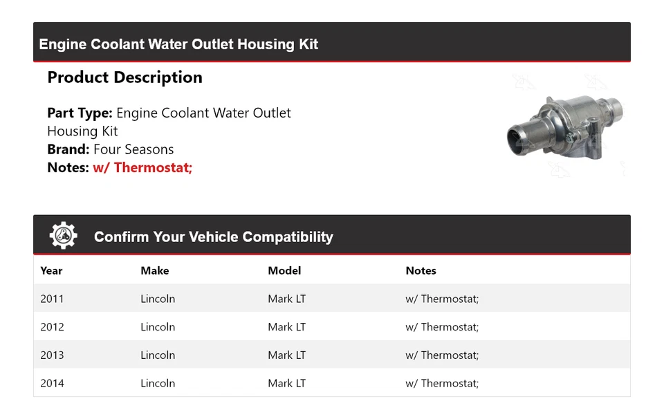 For 2011-2014 Lincoln Mark LT Engine Coolant Water Outlet Housing Kit 4 Seasons - Image 2 of 4
