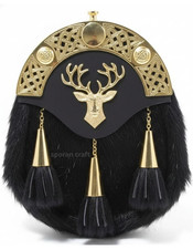 Scottish Black Fur Full Dress Sporran Handmade Leather Back with Gold Cantle