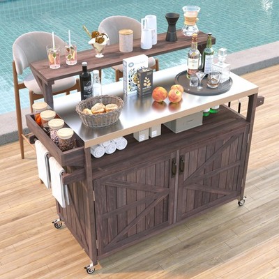 K&K 53.3'' Outdoor Kitchen Island with Raised Shelf, Solid Wood Storage Cabinet