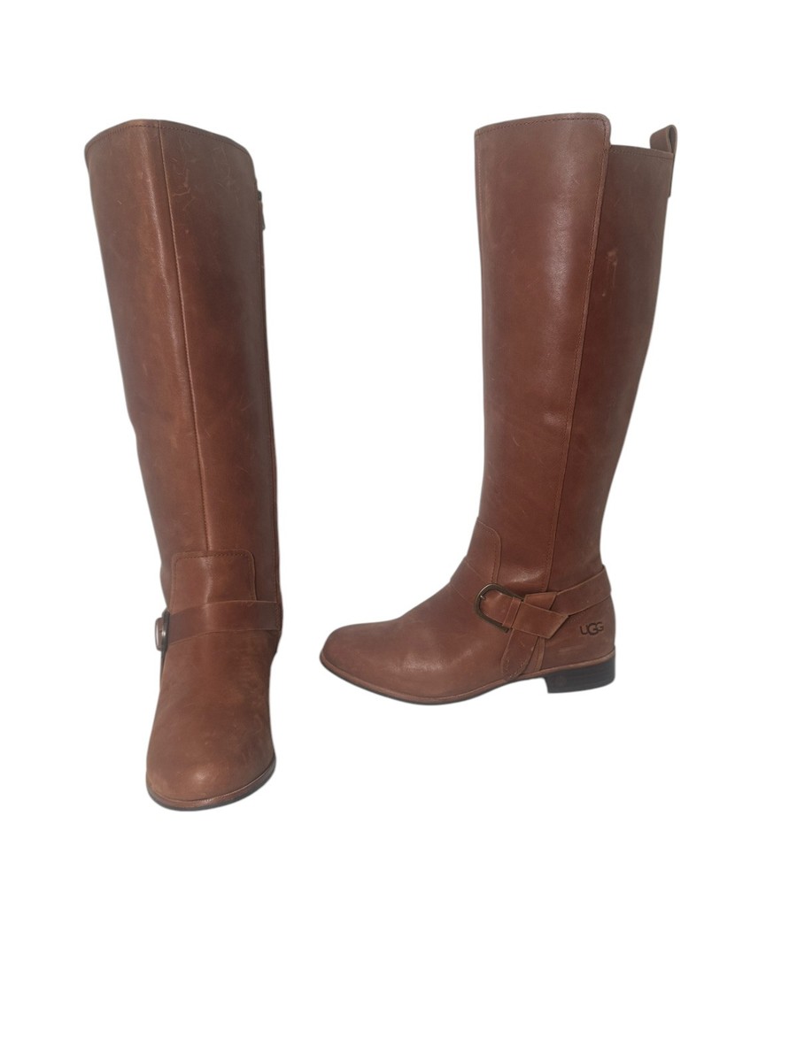 UGG Women's Katelyn Leather Tall Block Heel Riding Boots Chestnut