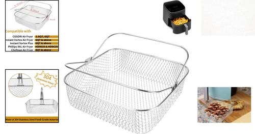 304 Stainless Steel Square Air Fryer Basket - Dishwasher Safe & Easy-Lift Handle - Picture 2 of 6