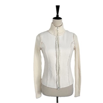 Vintage Y2K Cool Attitude Faux Fur/Suede Ribbed Knit Zip Jacket Sweater Cream Sm