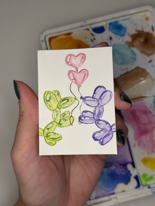 ACEO Original Watercolor Painting 2.5x3.5in -gree And Purple Balloon Dog In Love