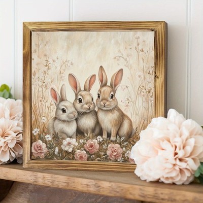 Vintage Easter Bunnies Floral Wooden Plaque Spring Farmhouse Sign Decoration