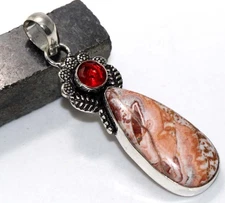 Mexican Laguna Lace Garnet 925 Silver Plated Gemstone Pendant 2.3" JW