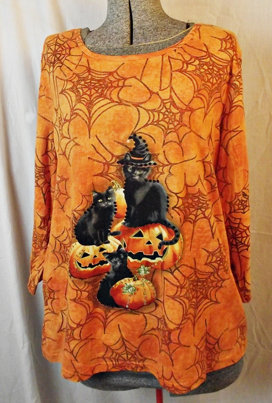 HALLOWEEN Vtg Collections Etc Womens Shirt Black Cats JOL Sequins Orange XL