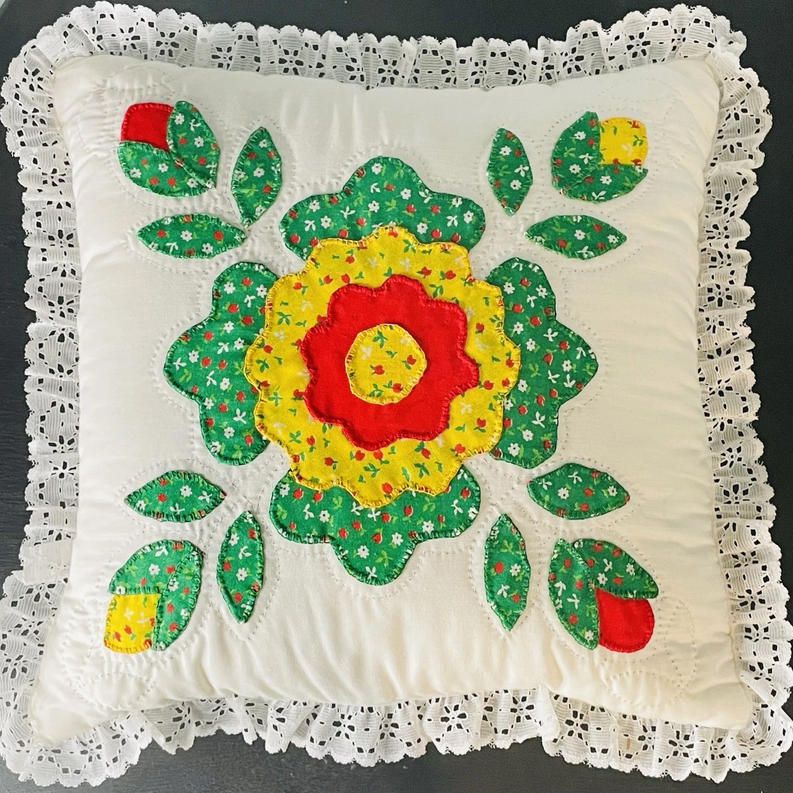 Handmade Cottage Style Boho Flower Appliqué Pillow 12x12