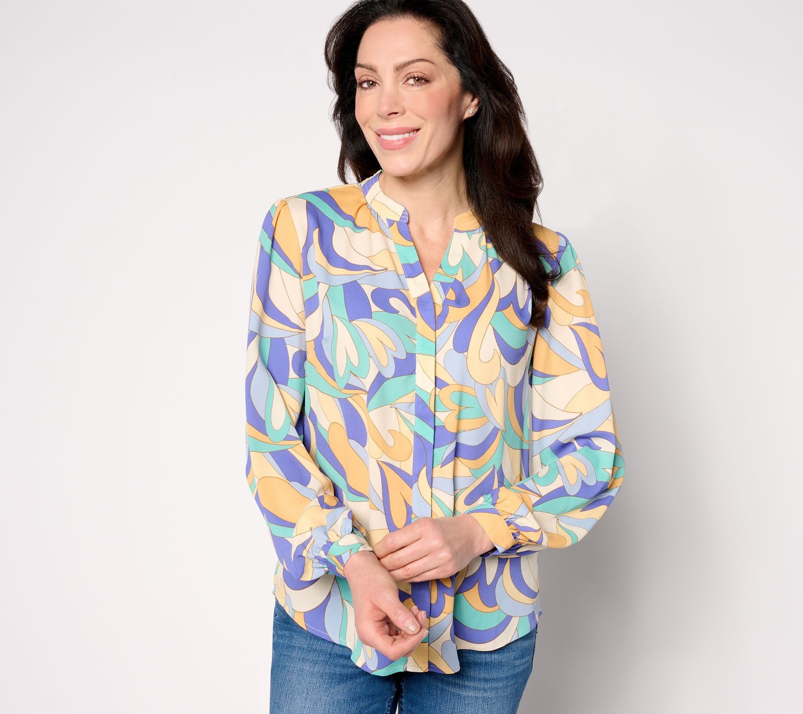 Belle by Kim Gravel Women's Top Sz XL Mod Amore Split V-Neck Blouse Blue A636346