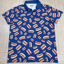 Tipsy Elves Polo Shirt Mens Large Blue Hot Dog All Over Print Golf Novelty Party