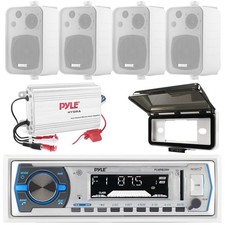 Pyle Marine Boat MP3 Stereo Player USB Input, Cover, 4CH Amp, 4x Box Speakers