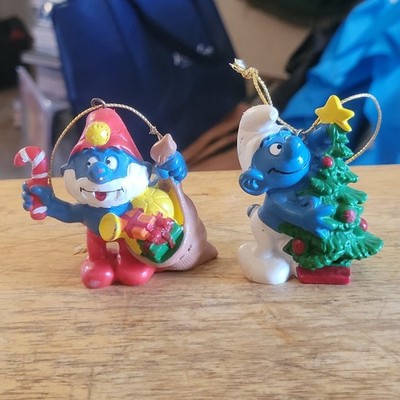 2 VTG Smurf Christmas Ornament Lot Holiday Tree Gift Present 1981 Peyo Schleich