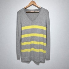 Gap Maternity Jumper L UK 16-18 Grey Yellow Stripe Merino Wool Blend V Neck