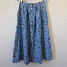 Blue Floral Denim Maxi Skirt Button Front Pockets Cottagecore Vintage 80s