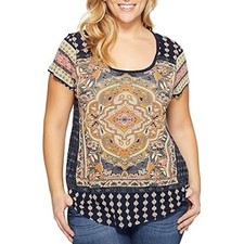 Lucky Brand Women Plus Size 1X Boho Medallion Persian Short Sleeve Shirt