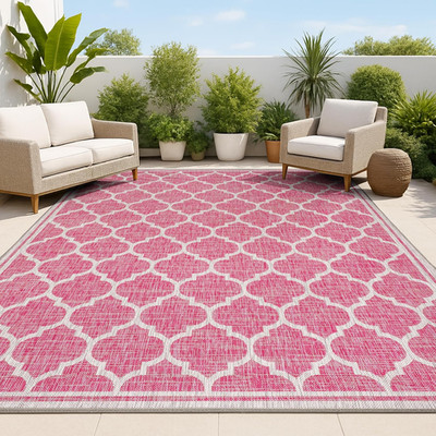 Fuchsia/Light Gray Moroccan Trellis 9x12 Indoor Outdoor Area Rug - Pet-Friendly