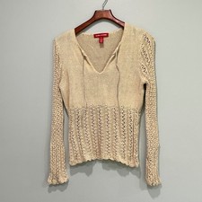 VTG Liz Claiborne Cream Knit Crochet V Neck Long Sleeve Tie Sweater Top y2k boho