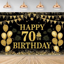 70th Birthday Decorations Happy 70th Birthday Banner for Men Women Black Gold...