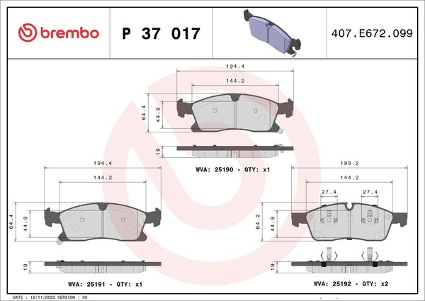 Brembo P 37 017 Bremsbelagsatz, Scheibenbremse For Dodge Jeep-image