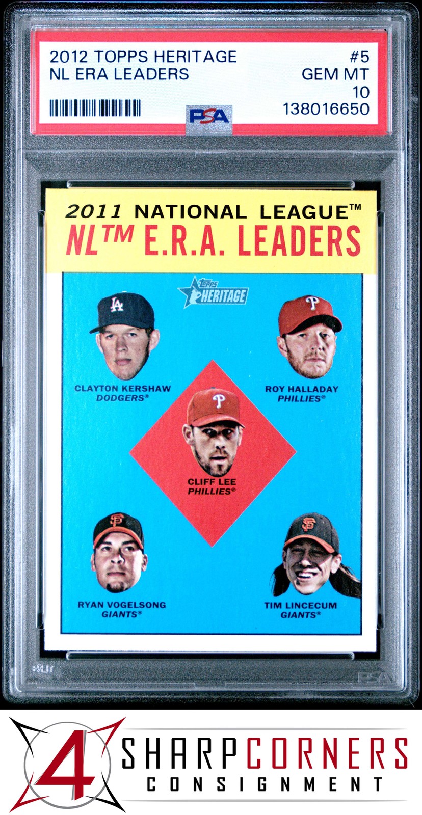 2012 TOPPS HERITAGE #5 CLAYTON KERSHAW-TIM LINCECUM-ROY HALLADAY PSA 10