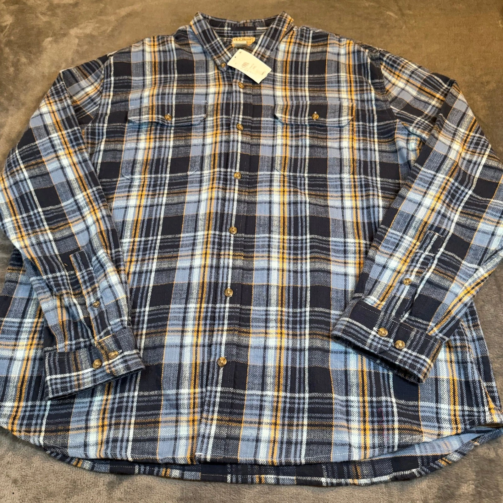 LL Bean Mens XXL Blue Orange Plaid Flannel Shirt Slightly Fitted Button Up NWT