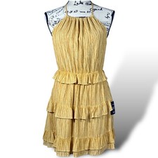 Lulus Dress Womens Sz XS Yellow Striped Downright Darling Ruffled Halter Mini