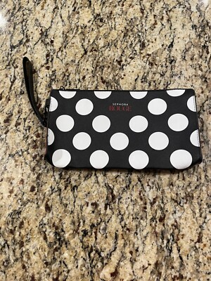 Sephora Rouge Black & White Polka Dot Zip Makeup Wristlet Clutch Bag