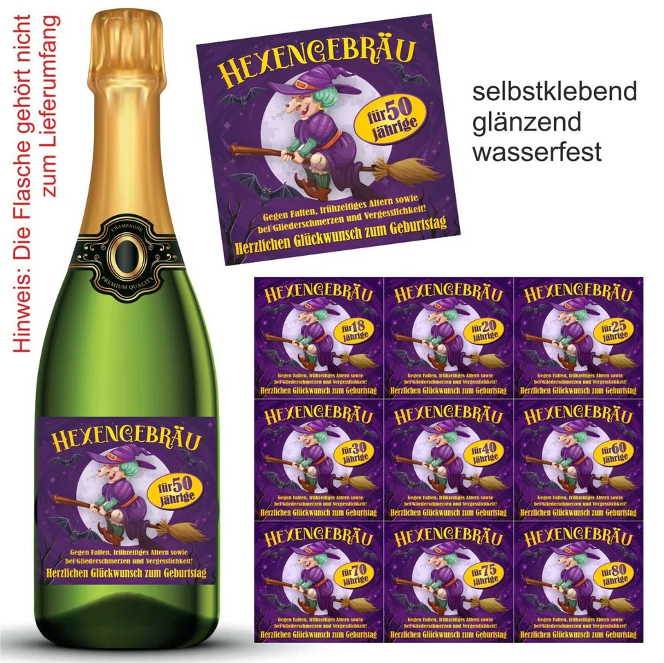 PLAY-TOO Aufkleber Sektflasche Geburtstag Hexengebräu 18 20 25 30 40 50 60 70 75 80