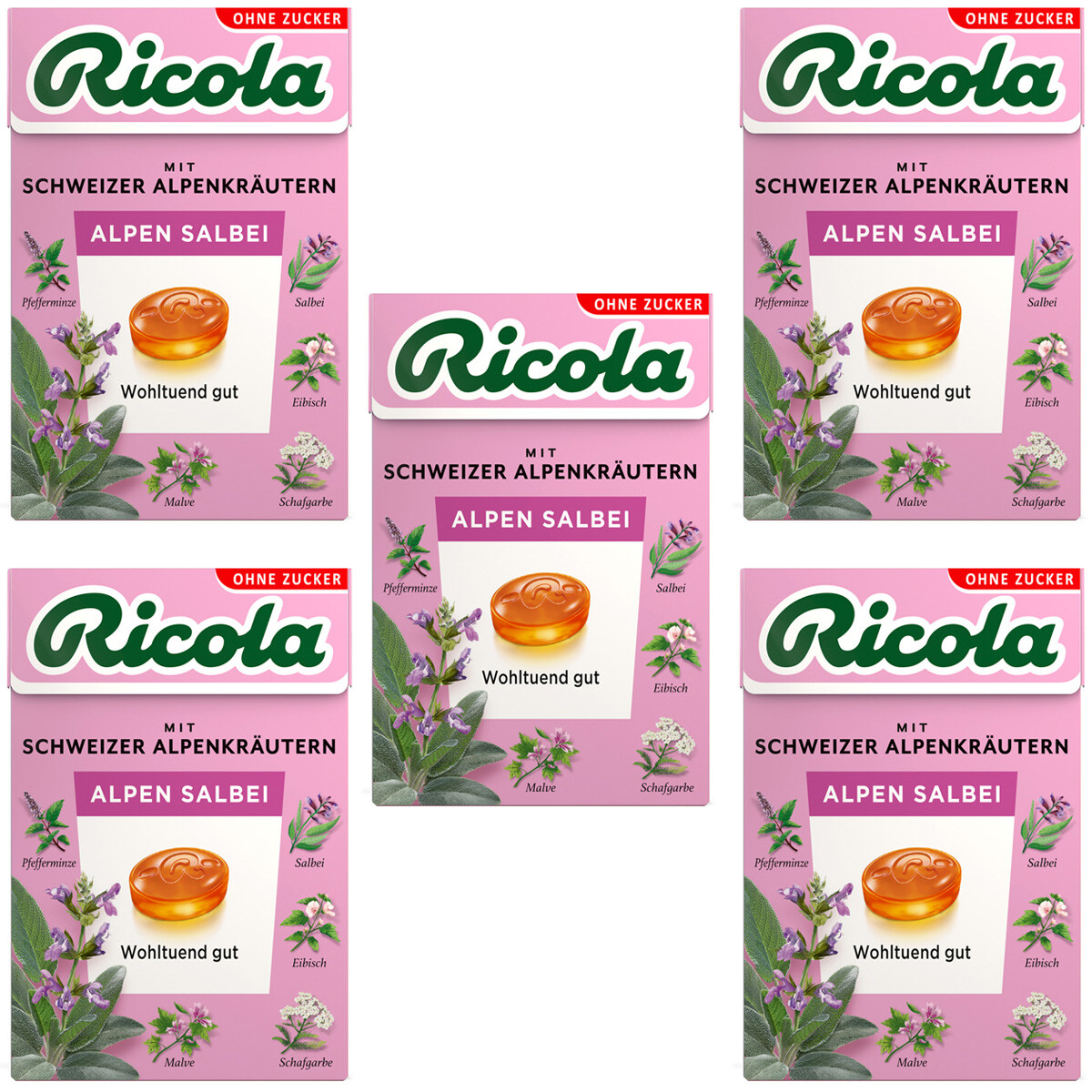 Ricola Alpen Salbei ohne Zucker im Böxli feinherb würzig 50g 5er Pack