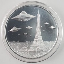 High relief 1 oz .999 Silver round Alien Space UFOs Over Paris Eiffel Tower 106.99 per troy oz