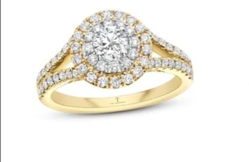 Anillo de compromiso Tolkowsky 1 ct corte redondo doble halo vástago dividido 14 k dos tonos Foto 3 de 4