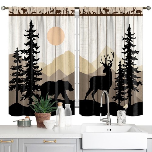 Forest Sunset Kitchen Curtains 2 Panels Country Rustic Farmhouse Short Cafe C...