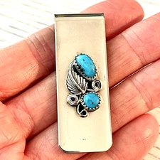 Navajo Natural Turquoise Money Clip Silver 2in Mens Gift Handmade Sally Arviso