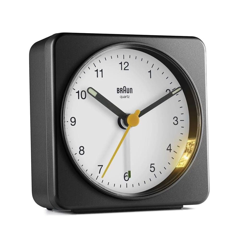 BRAUN BC03BW Classic Analog Quartz Alarm Clock - Black/White Minimalist Design